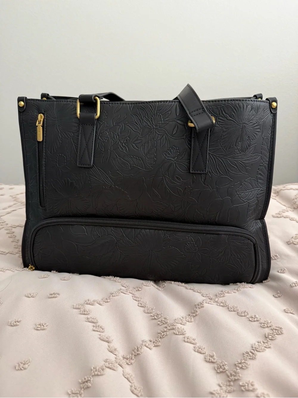 Insulated Black Floral-Embossed Tote